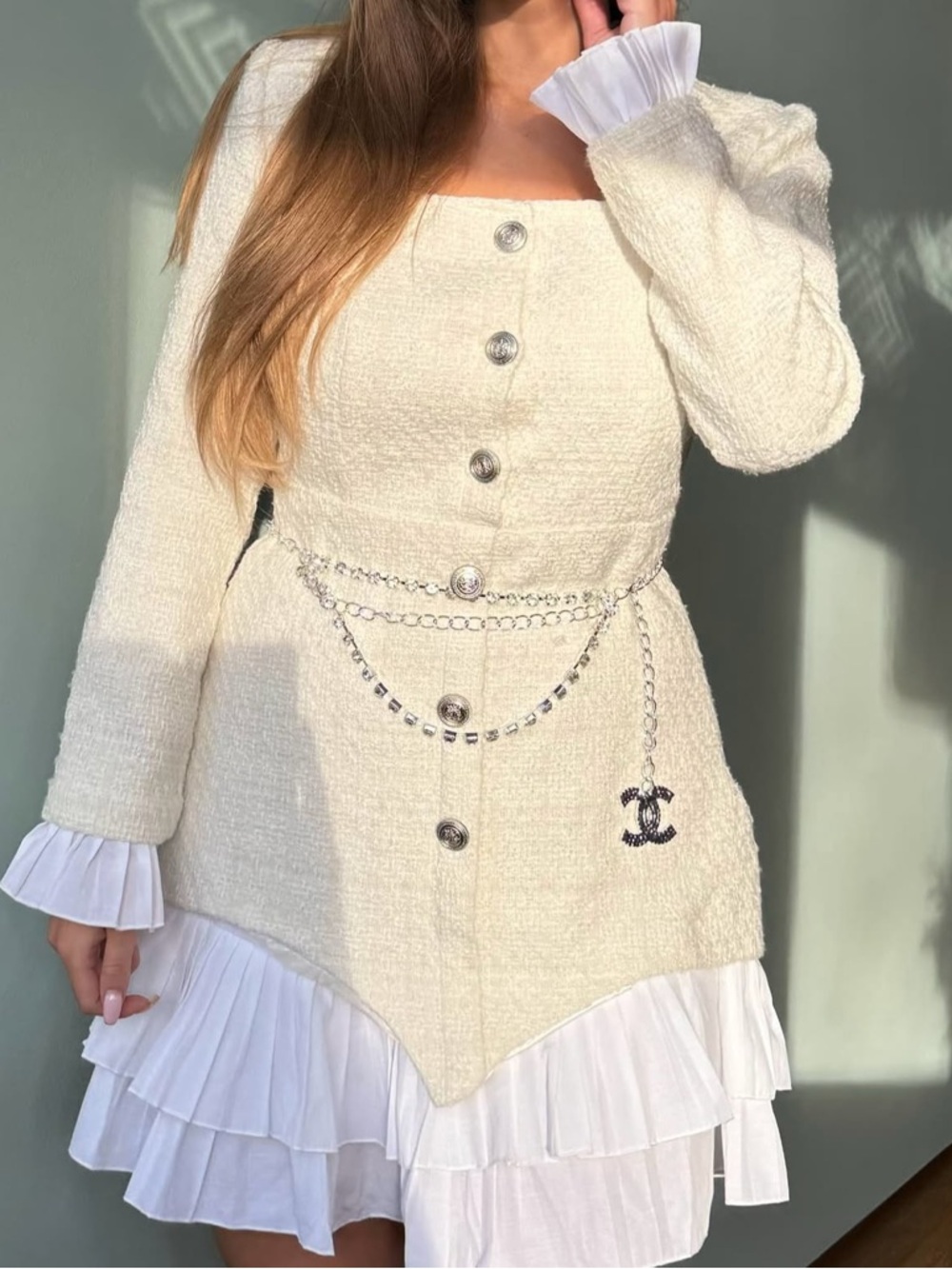 Chic Cream boucle Dress with Ruffle Hem